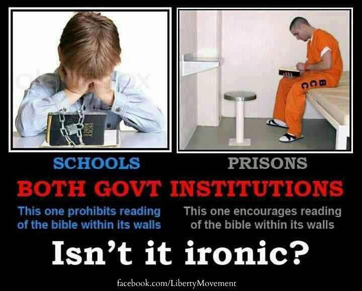 Ironic meme on US Government Institutions prohibiting religion and featuring inmate reading the Bible