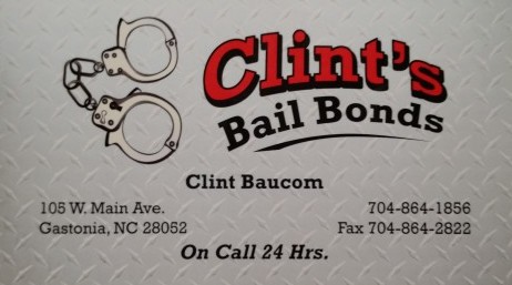 Clint's Bail Bonds business card with address, phone number, handcuffs and logo